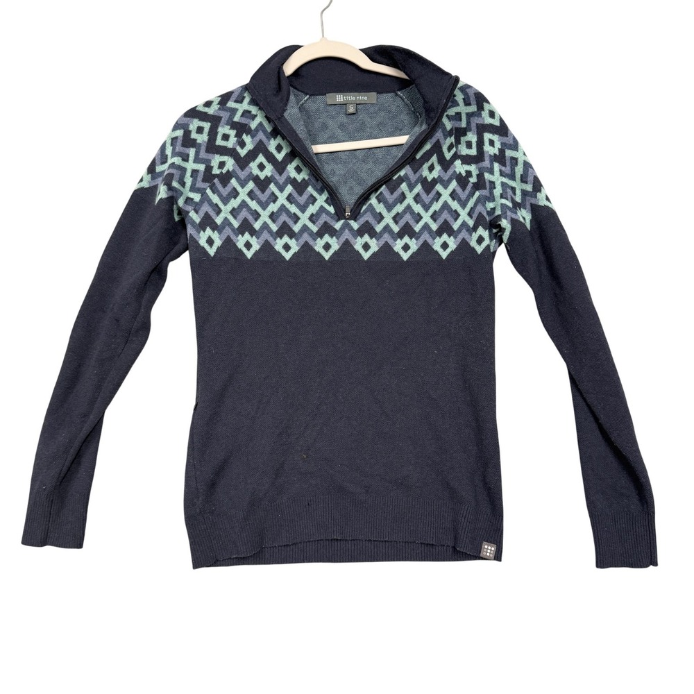 Title Nine Sweater Womens Small Blue‎ Geometric 1/4 Zip Mock Neck Merino Wool